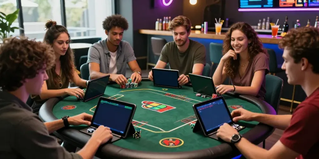 Friends enjoying a lively online gambling experience with Alternatif Bola88 in a modern lounge.