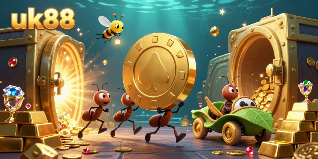 Experience the excitement at uk88 with 3D cartoon ants heisting a giant poker chip, surrounded by treasure.