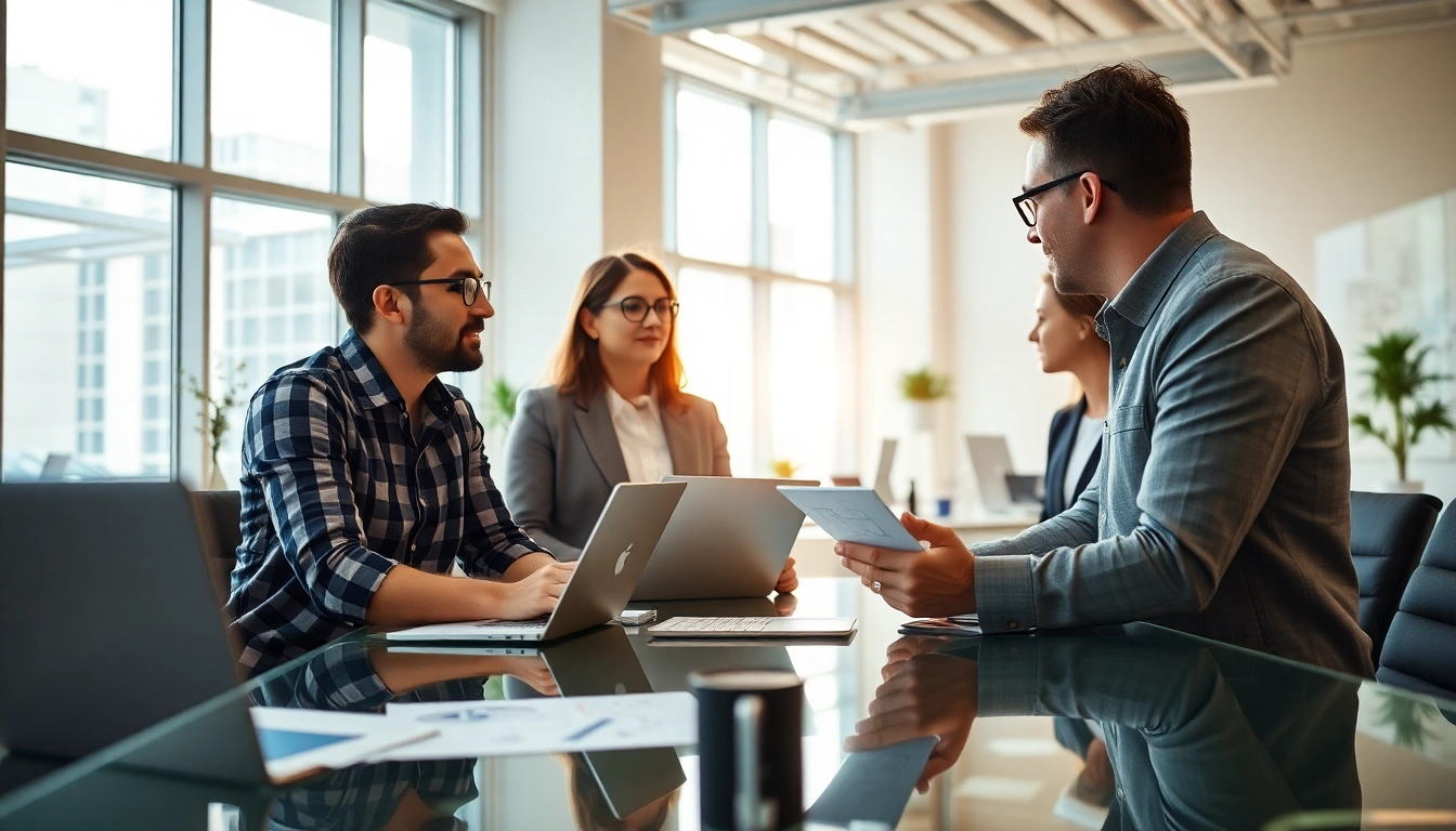 Headhunter Ingenieure im Austausch mit Ingenieuren in einem modernen Büro.