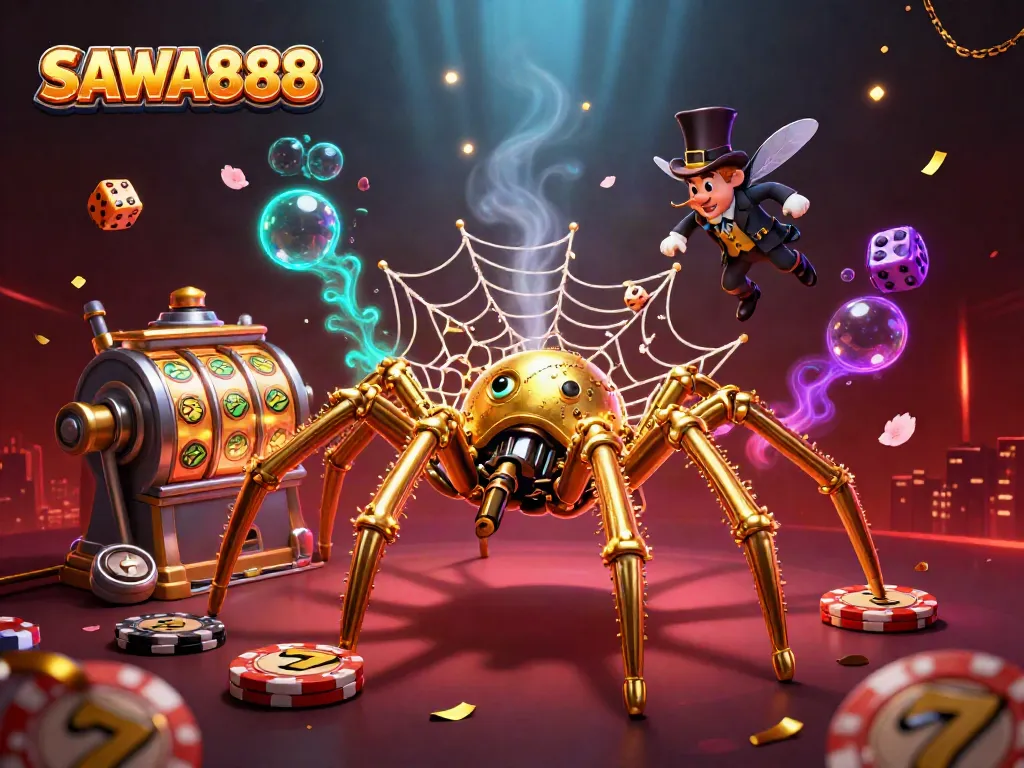 Experience the thrill of slots with SAWA888's immersive, vibrant 3D scene featuring a steampunk spider and gaming elements.