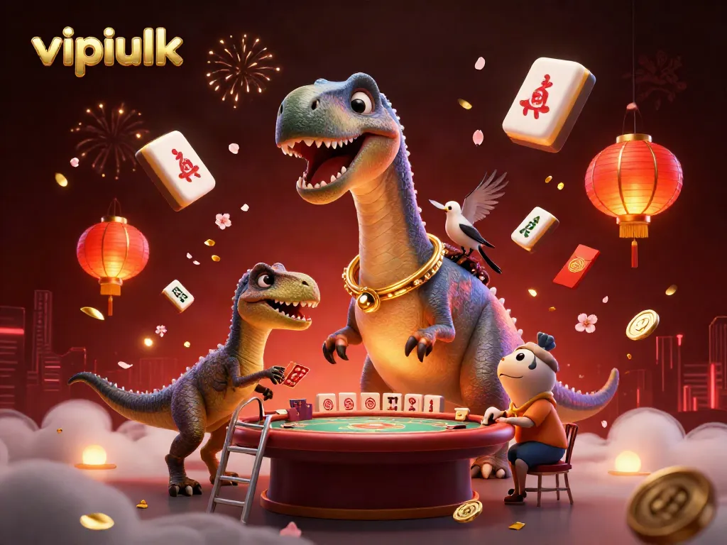Engaging players at vipluck with a vibrant 3D illustration of a giant brontosaurus and card-dealing raptor in a lively casino setting.