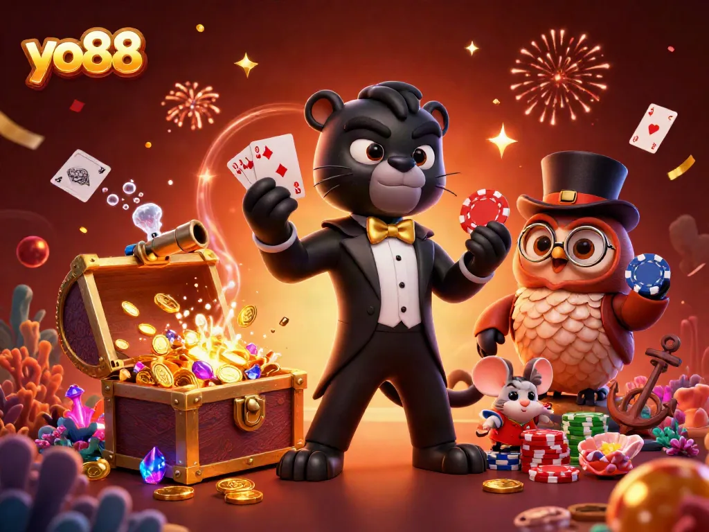 Experience the vibrant world of yo88 in a captivating 3D casino scene with dynamic characters and festive elements.