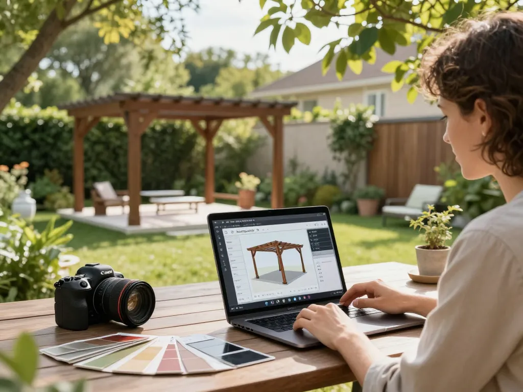Pergola Konfigurator 3D, der anpassbare Designoptionen in einem Außenbereich zeigt.