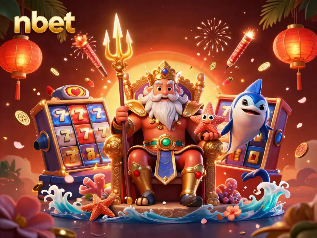 Experience the thrill of nbet with Neptune and adventurous casino elements in a vibrant 3D illustration.