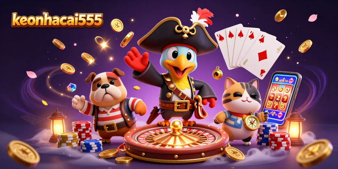 Join the adventure with keonhacai555 as colorful coins cascade around animated casino characters.
