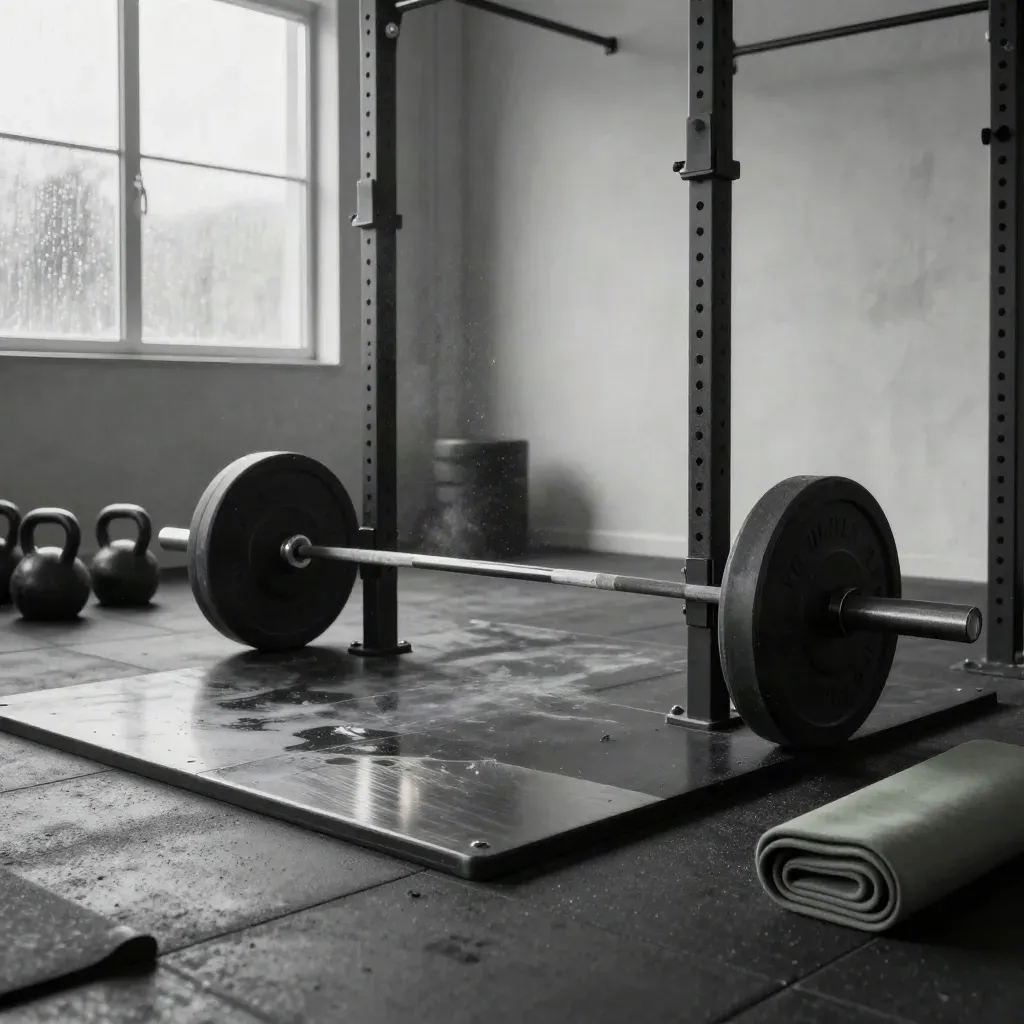 Dramatisches Fitnessstudio mit Langhantel, Rack, Kettlebells und Chalk im Morgenlicht.