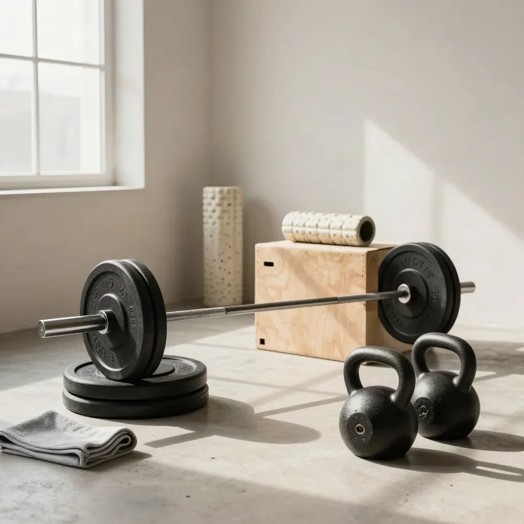 Hell ausgeleuchtetes Krafttrainings-Setup mit Langhantel, Kettlebells und Plyobox im Studio