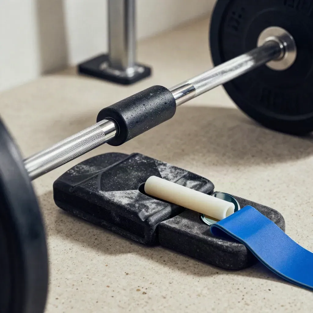 Nahaufnahme eines Technik-Check-Setups mit Hantel, Balance Pad, PVC-Stab und Spiegellicht