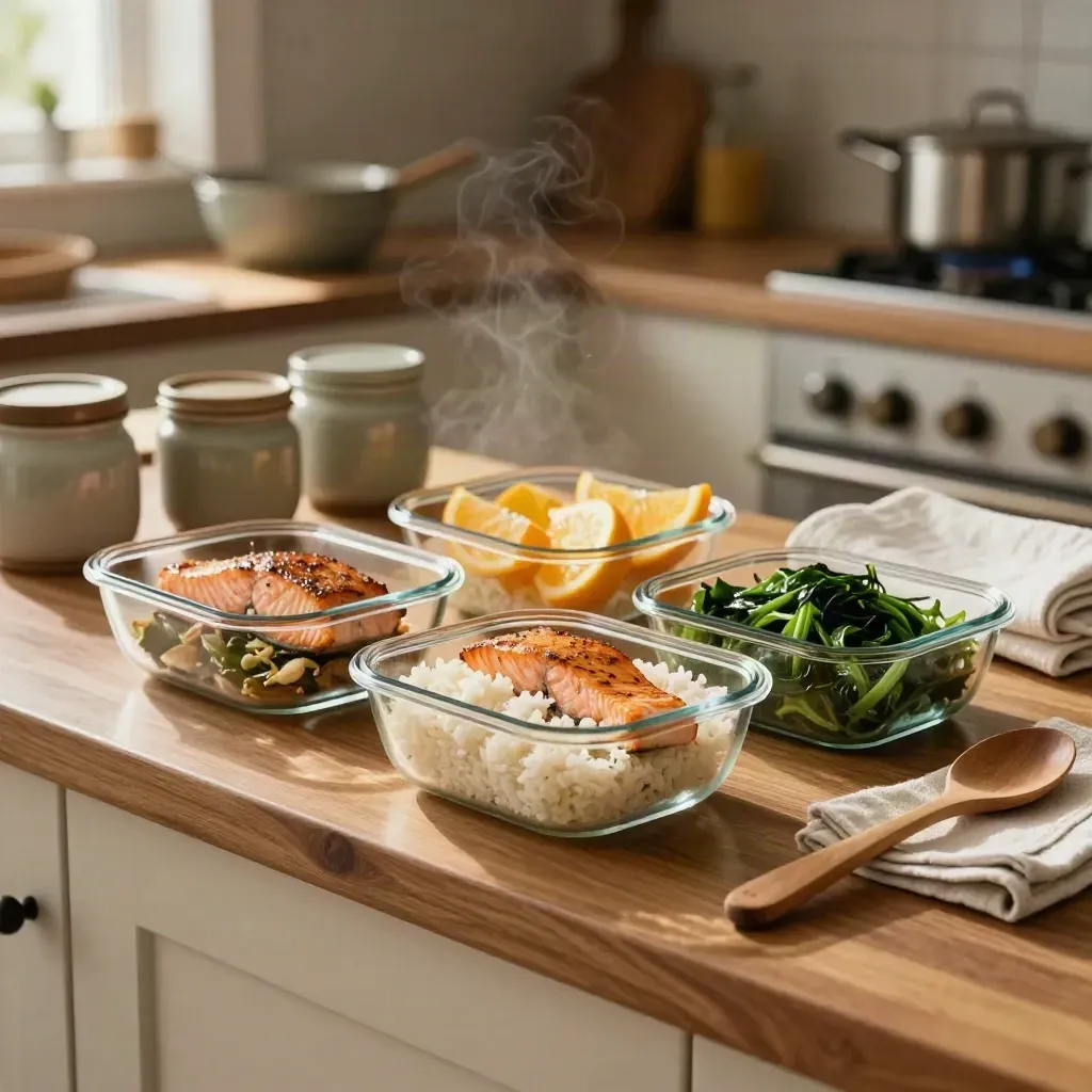 Meal-Prep-Küche mit Portionsschalen, Lachs, Reis, Greens und Zitrus bei warmem Abendlicht