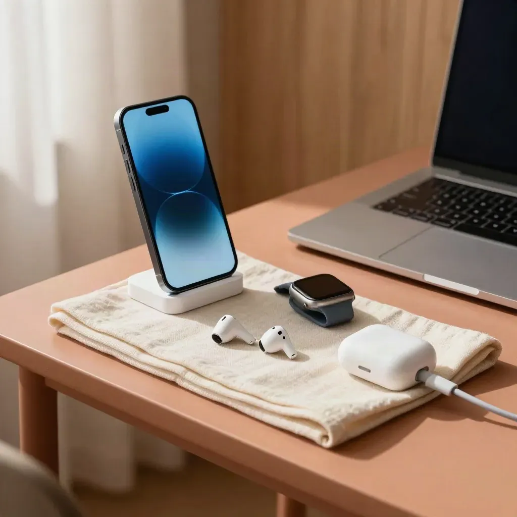 Schreibtisch-Setup für Online-Betreuung mit Smartphone, Kopfhörern, Smartwatch und Laptop am Fenster.