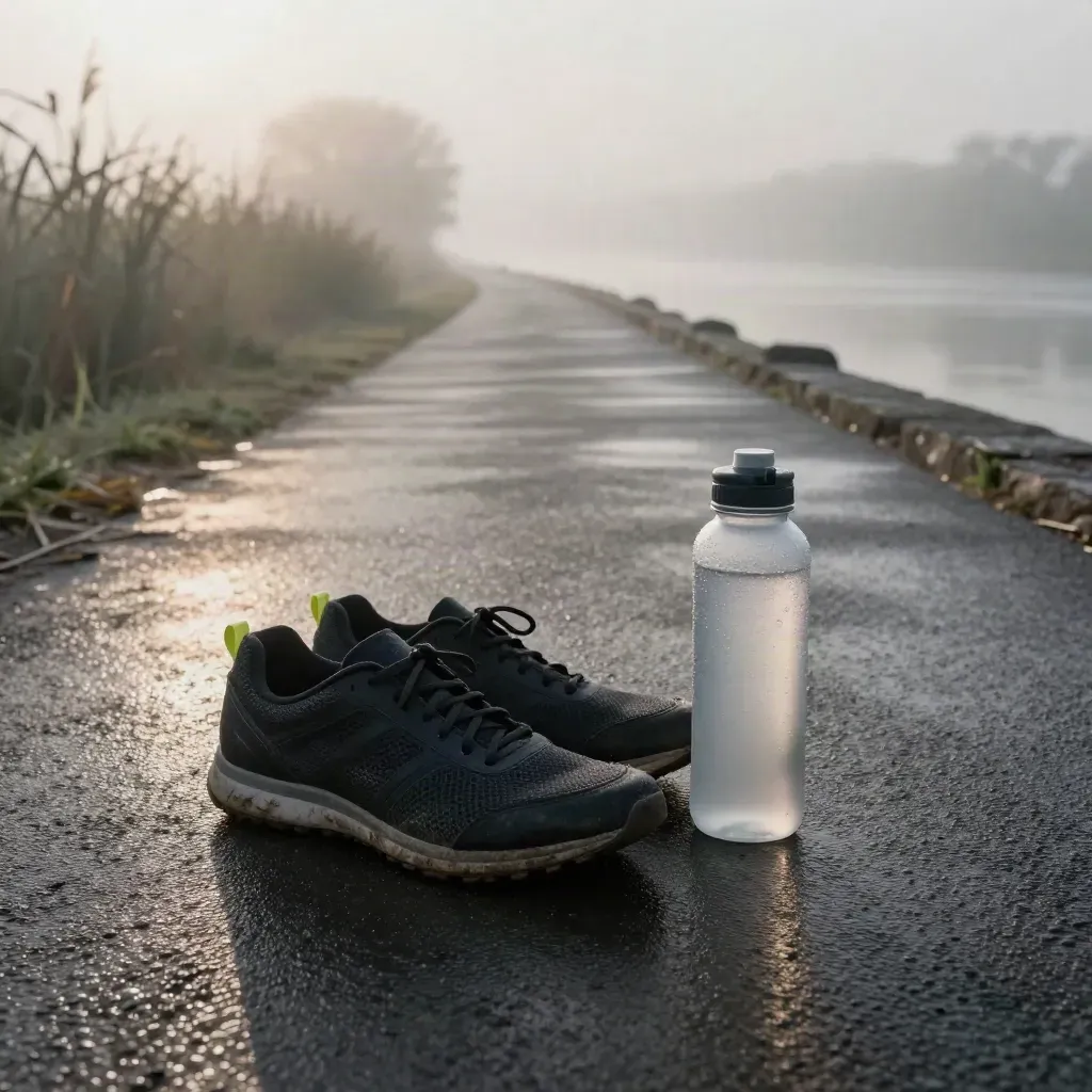 Verlassener Flussweg mit Laufschuhen und Trinkflasche im Morgennebel