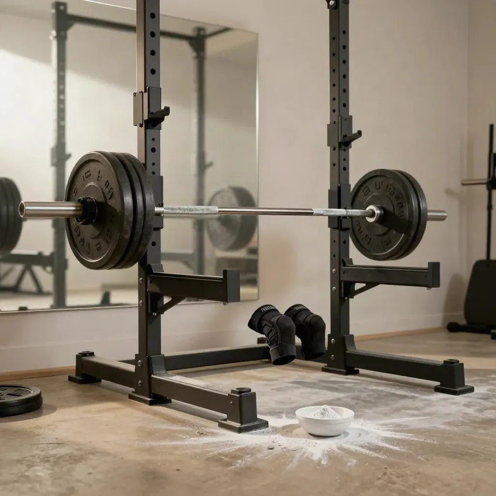 Beladene Kniebeugenstation im modernen Gym mit Chalk, Bank und Spiegel, ohne Personen.