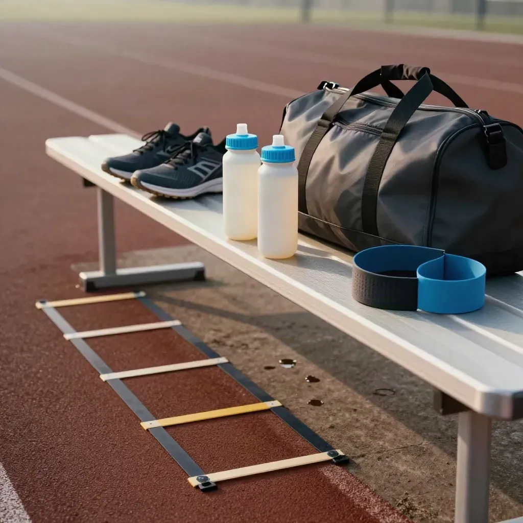 Sportset auf einer Bank am Track mit Schuhen, Flaschen, Band und Reisetasche.