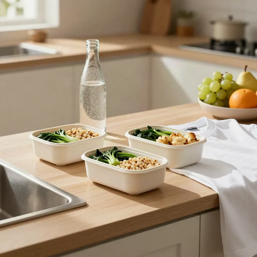 Portionen, grünes Gemüse, Sprudelwasser, gefaltetes Trainingsshirt und Obst auf heller Küchenplatte.
