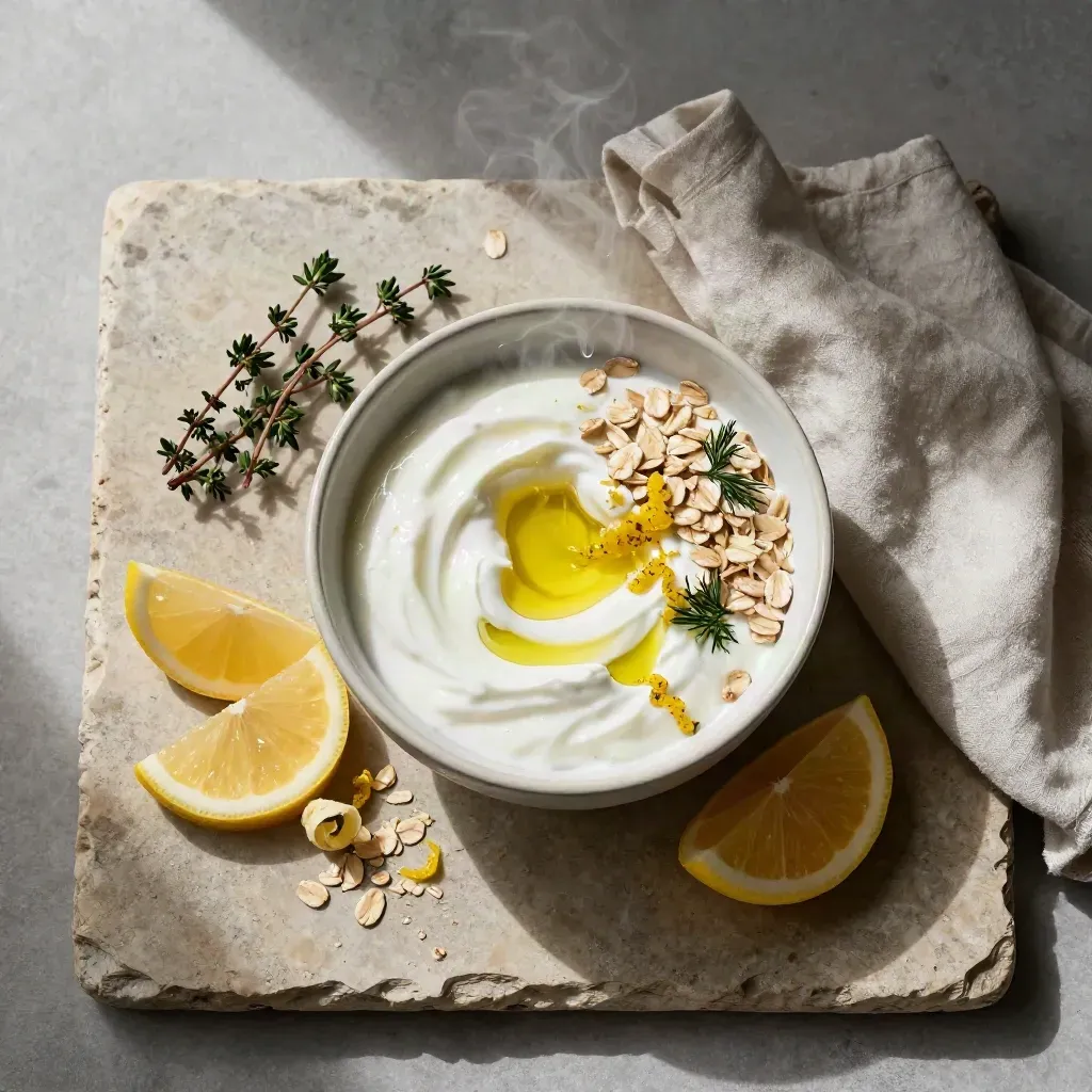 Overhead-Stillleben mit Joghurt, Hafer, Olivenöl, Zitrus, Kräutern und Leinentuch auf Stein.