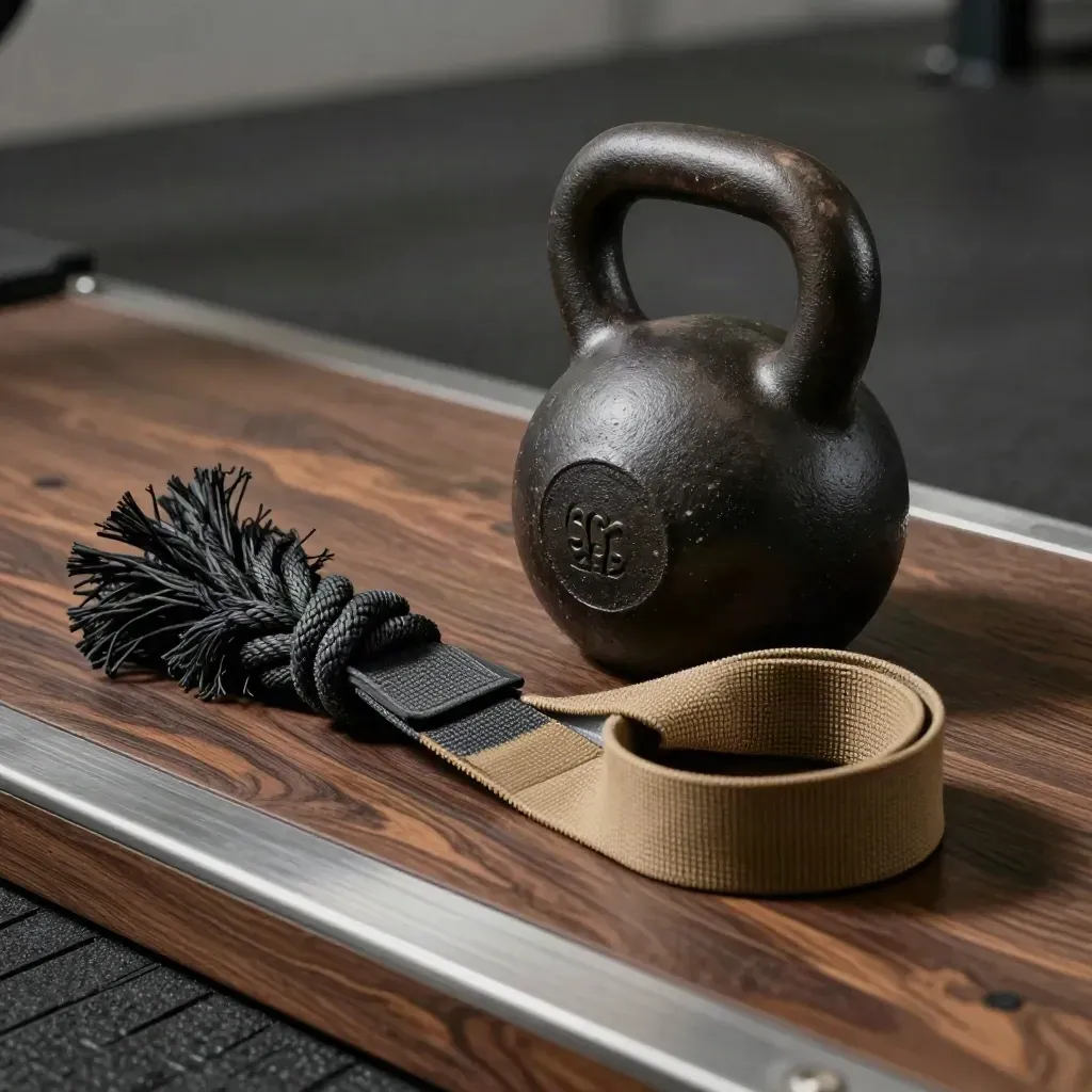Kettlebell, Battle Rope, Band und Zugriemen auf dunklem Gummiboden im dramatischen Gym-Licht