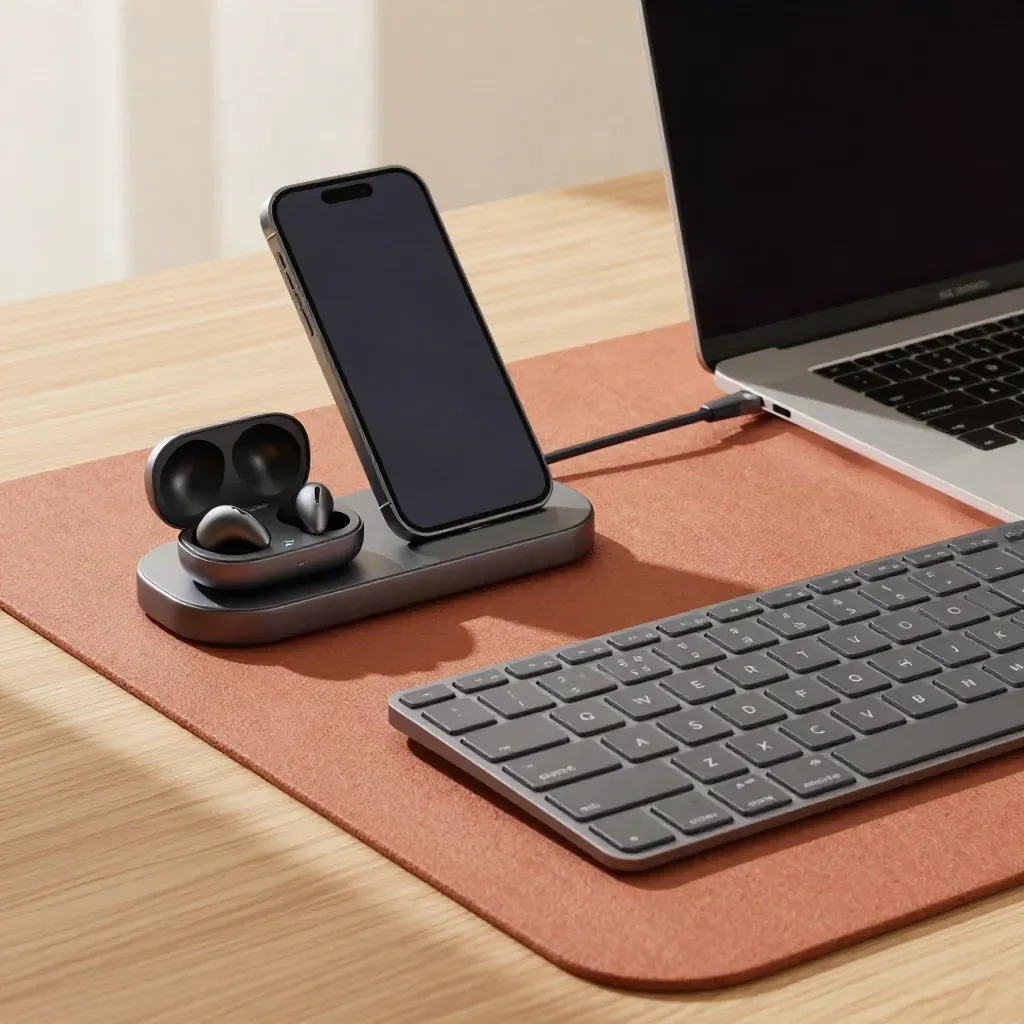 Nahaufnahme eines Home-Office-Setups mit Smartphone-Dock, Earbuds, Tastatur und Laptop
