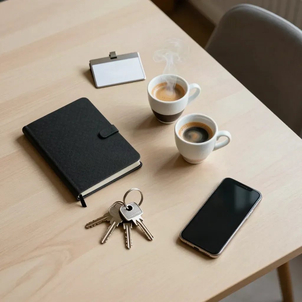 Espressotassen, Notizbuch, Schlüssel und Smartphone auf heller Holzfläche vor einem Beratungstermin.