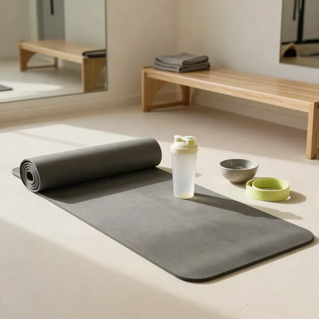 Fitness-Set mit Matte, Shaker, Schale und Band in heller Studio-Ecke neben einer Bank.