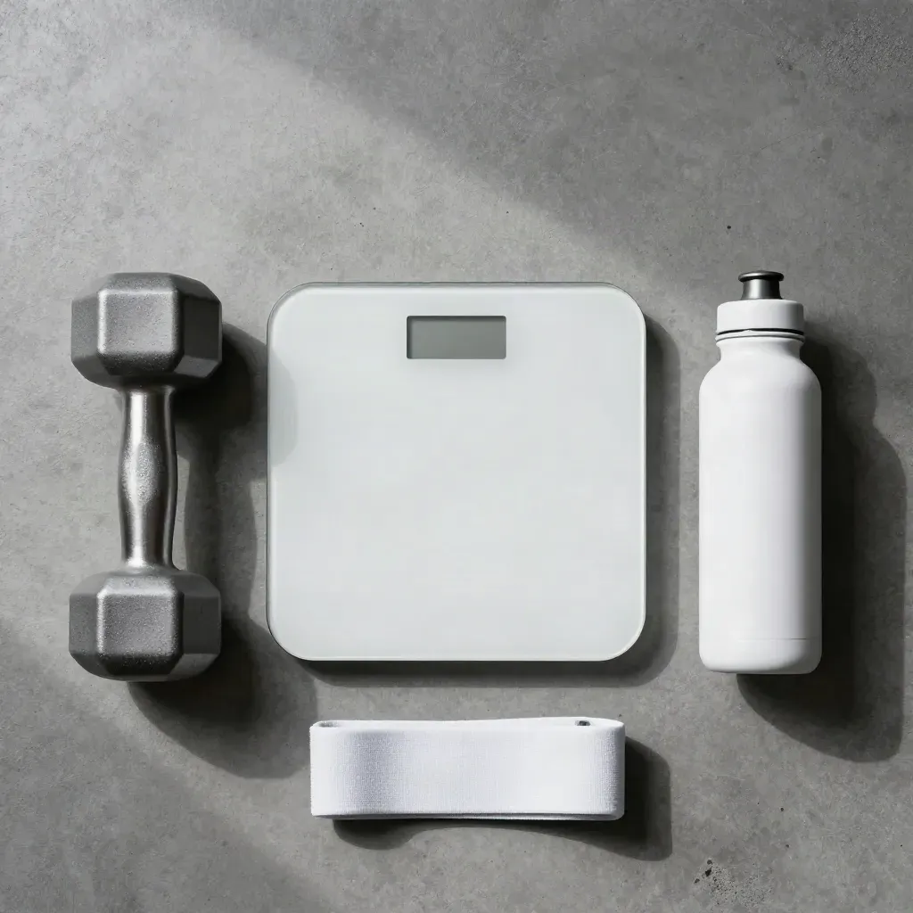 Smart-Waage, Hanteln, Widerstandsband und Wasserflasche auf Beton, von oben.
