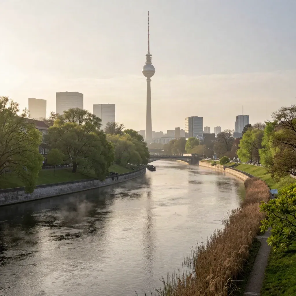 Berliner Skyline mit Fernsehturm über nebliger Spree im Morgenlicht nach Regen.