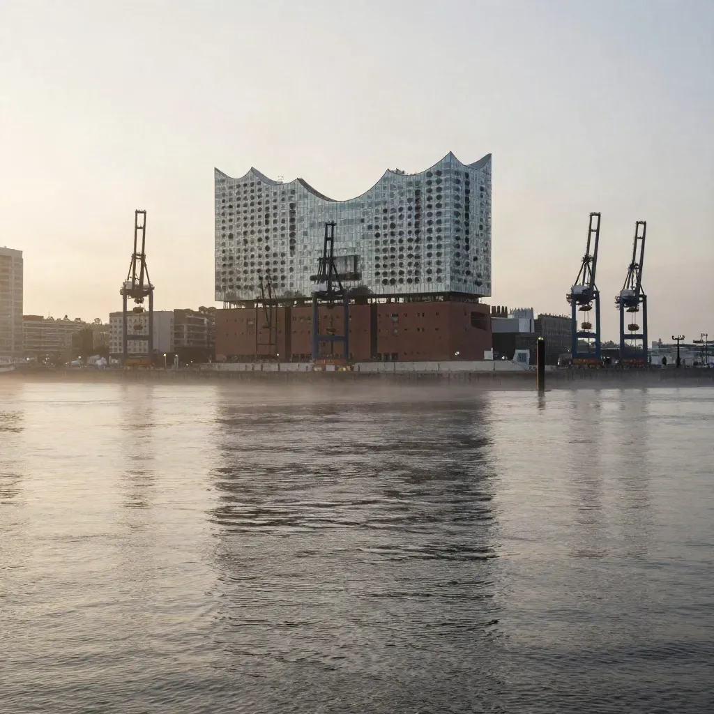 Hamburger Hafen mit Elbphilharmonie und Kränen im Abendnebel über ruhigem Wasser