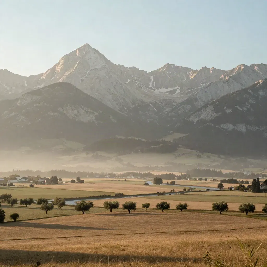 Blick über die Isarwiesen auf München und die Alpen im Sommerdunst
