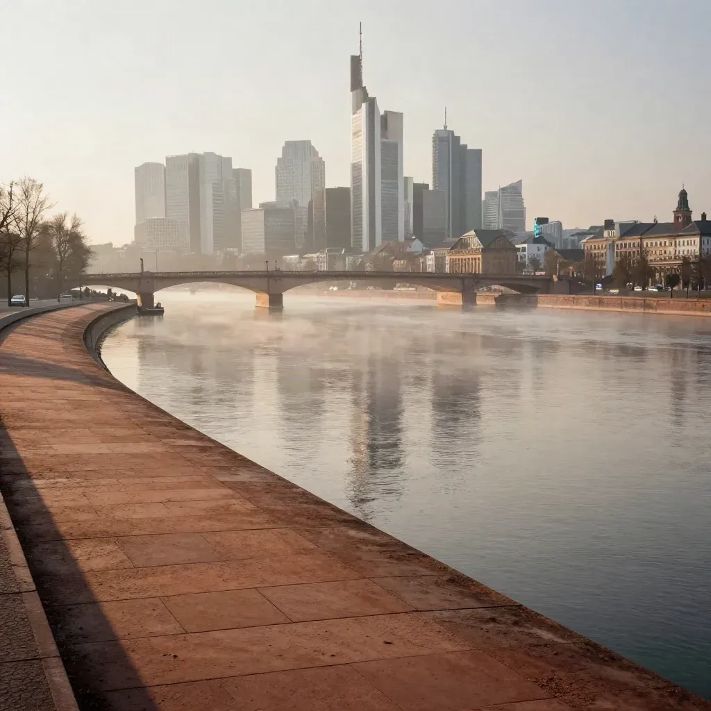 Frankfurter Skyline im Morgennebel über dem Main, mit ruhigem Platz für Text