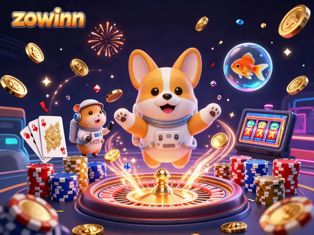 Zowinn casino scene with a floating corgi, golden coins, and colorful poker chips, creating high-energy excitement.