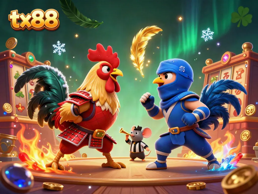 Experience exciting cockfighting at tx88 with vibrant roosters, casino elements, and a thrilling atmosphere.