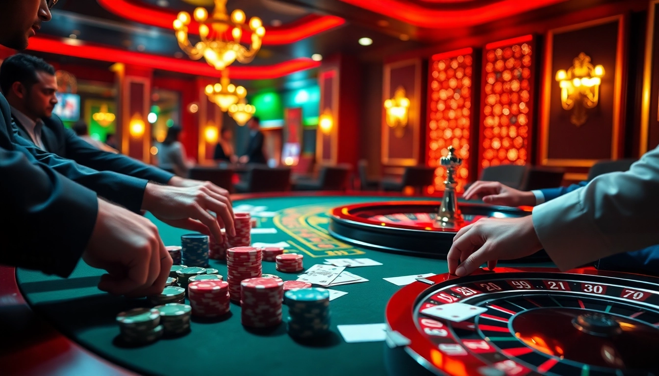 Engaging gambling experience with players betting at the table, including elements from https://kjc.football/.