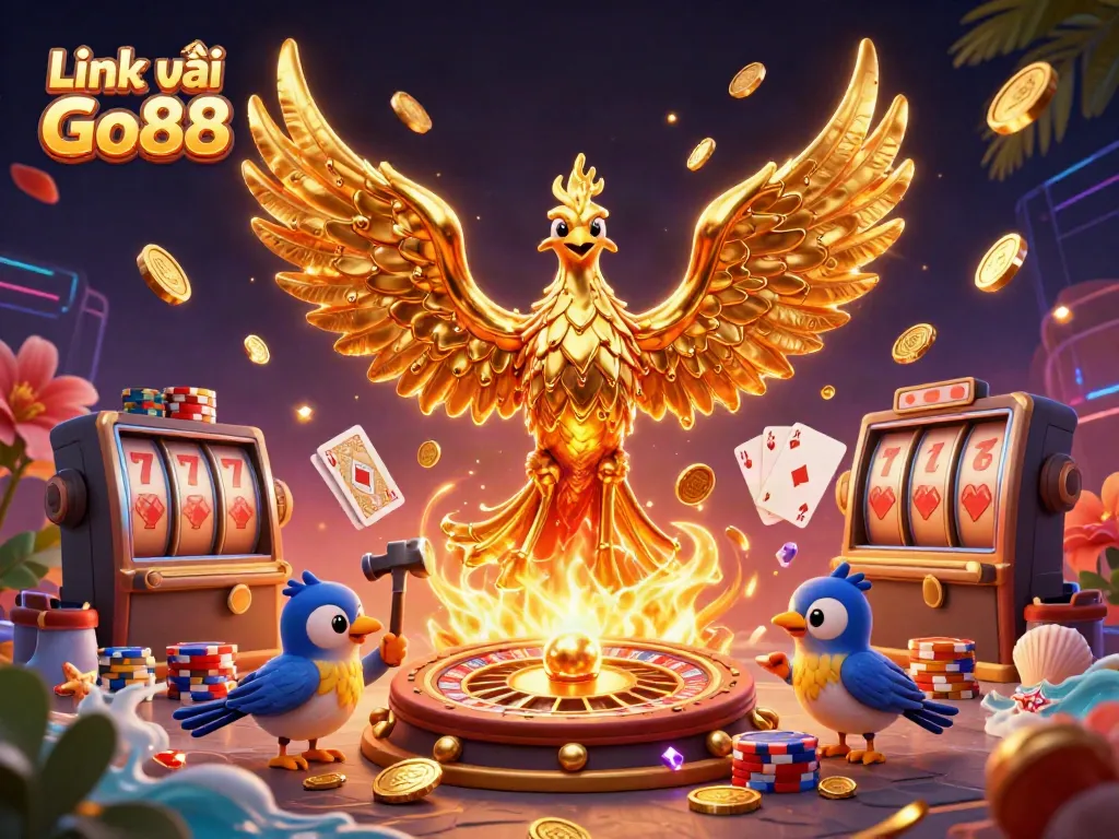 Engage with thrilling gameplay at Link vào Go88 featuring a vibrant phoenix and casino elements.