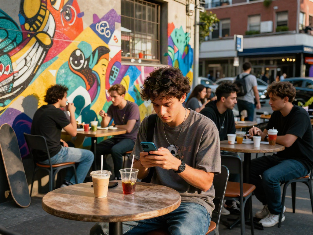 Engaging urban scene showcasing rokok88 app on smartphone amidst vibrant city life.