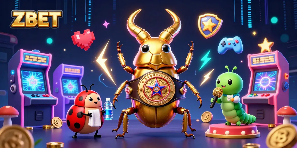 ZBET brings excitement with a giant stag beetle champion and vibrant casino-themed elements.