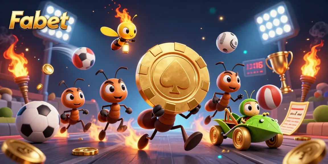 Fabet showcases ants carrying a giant poker chip amid vibrant sports elements in a dynamic 3D illustration.