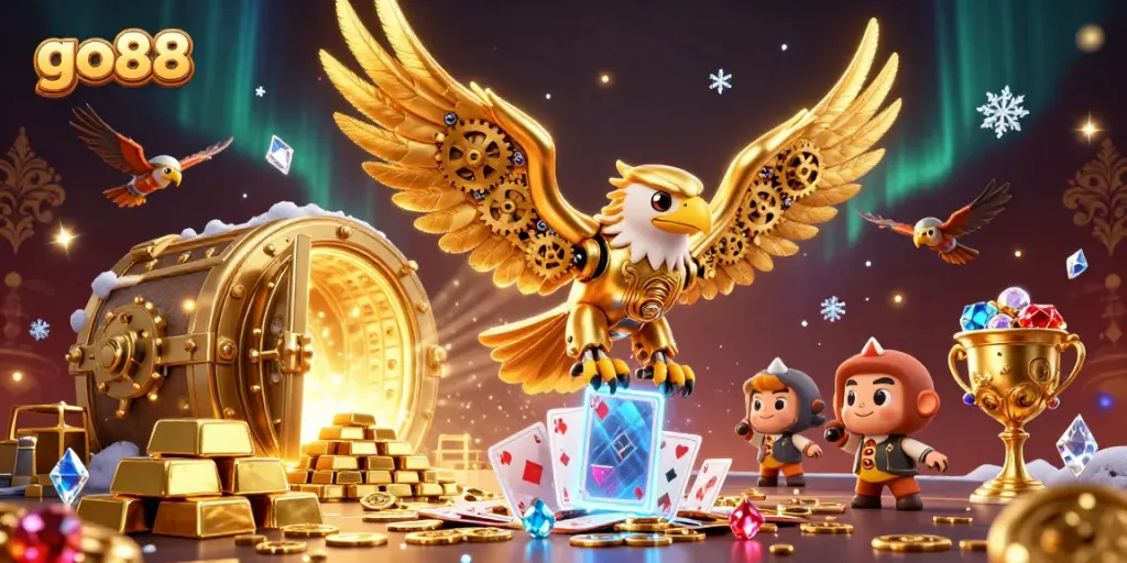 Experience thrilling wins at go88 with a cybernetic golden eagle diving through holographic cards.