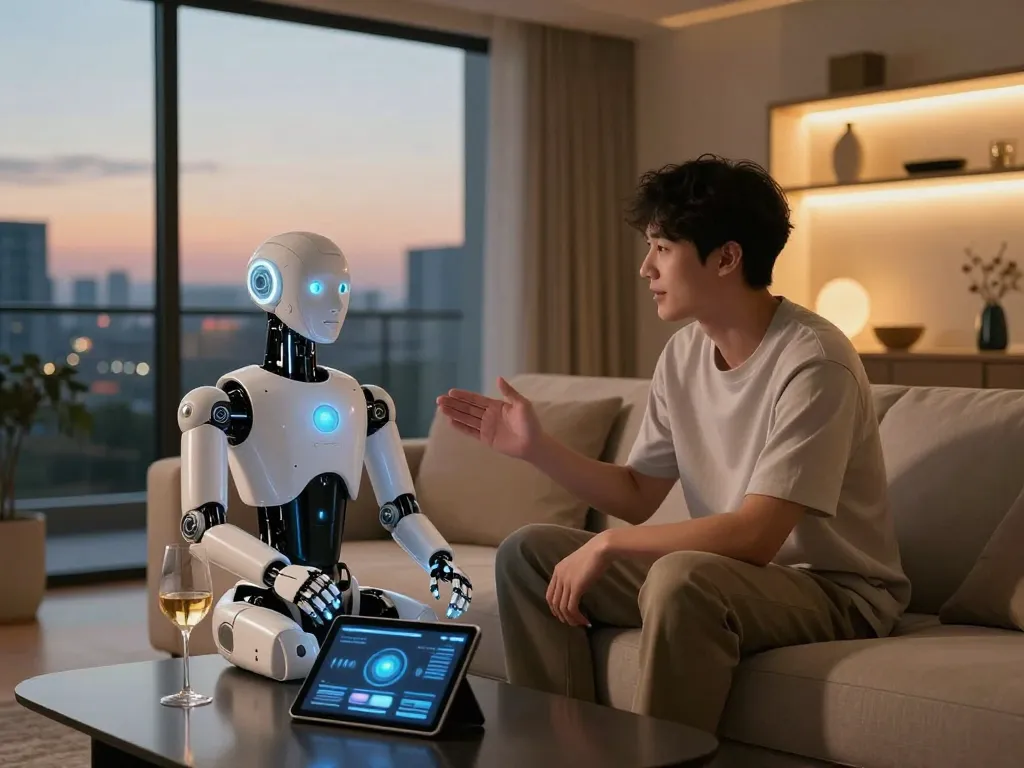 AI sex bot interacting with a user in a cozy futuristic living room, showcasing advanced technology and companionship.