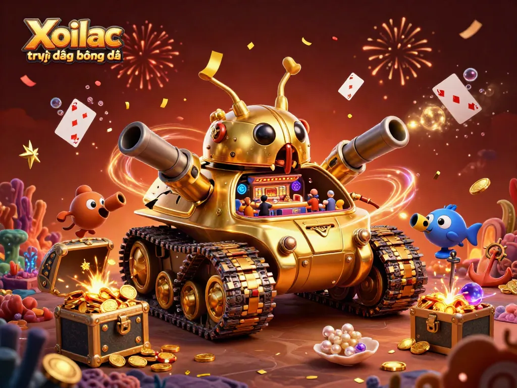 Xoilac trực tiếp bóng đá showcases an exciting illustration of a golden beetle tank revealing a miniature casino.