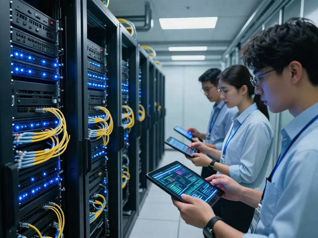 Server configuration review in a modern data center with illuminated racks and cables.