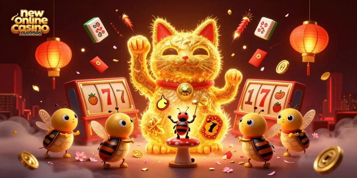 Experience the excitement of the new online casino Australia with golden fireflies and dynamic casino symbols.