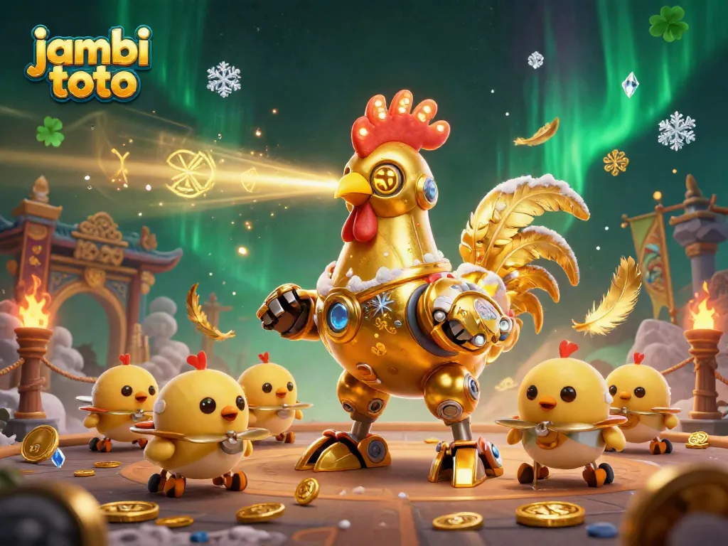 Experience thrilling gaming action with jambi toto through vibrant golden rooster robot and betting tokens.