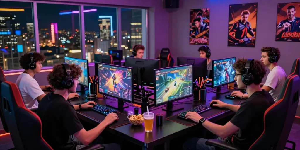 Group playing rokok88 game in a modern gaming lounge with vibrant lights.