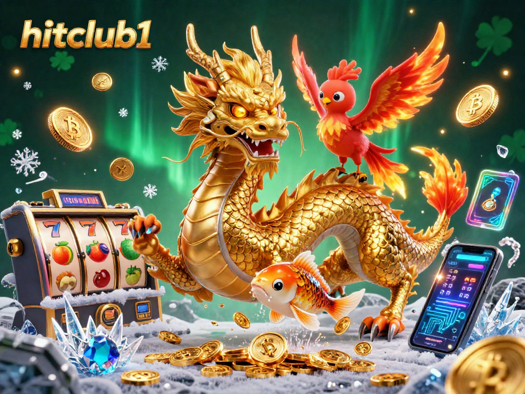 Join hitclub1 at the casino with golden dragon, phoenix, and koi fish showcasing crypto-themed gaming.