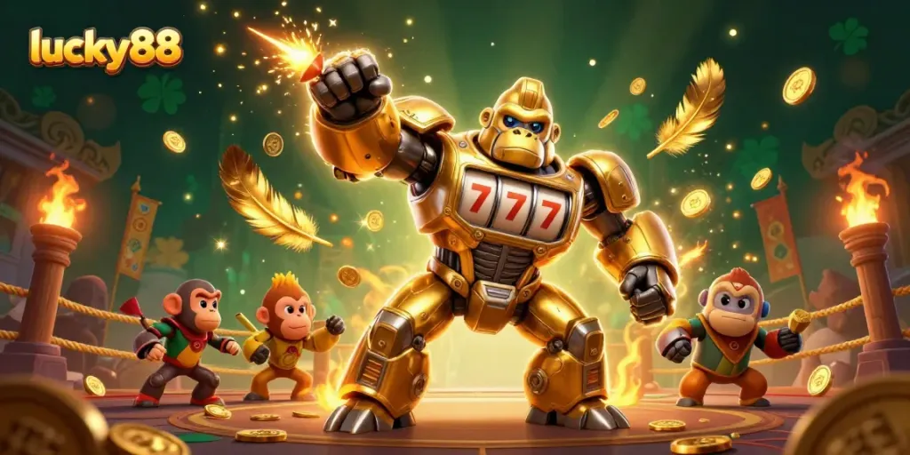 Experience the thrilling action at lucky88 with an epic golden gorilla mech and vibrant casino elements.