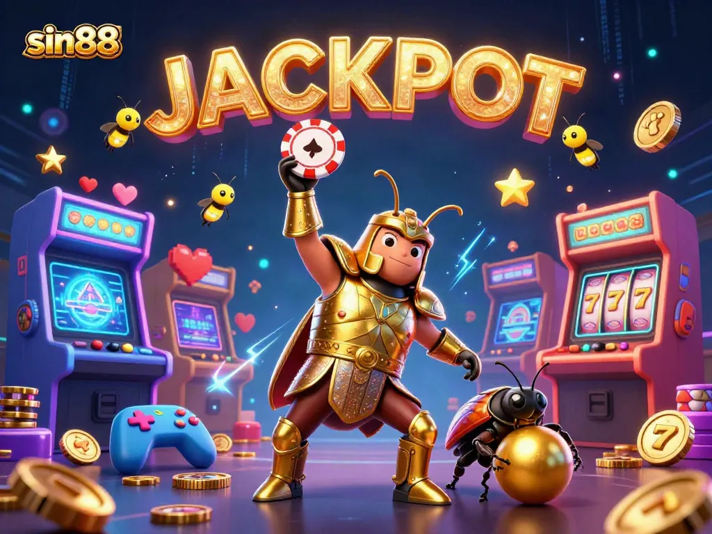 Experience sin88's exciting casino features with a hercules beetle celebrating a jackpot win!