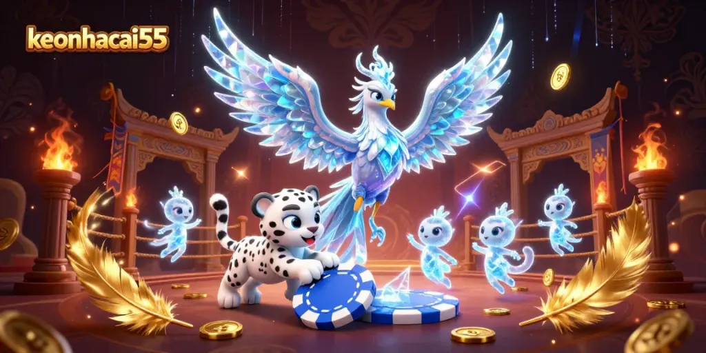 Bet on keonhacai55 with the enchanting ice phoenix and playful snow leopard in a vibrant casino scene.