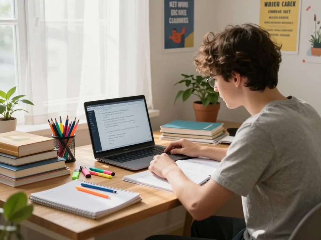 Student, der Hausaufgaben KI kostenlos in einem hellen Arbeitszimmer für Hausaufgaben nutzt.