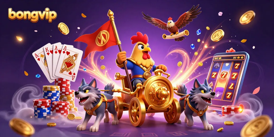 Bongvip showcases a dynamic casino scene with a rooster warlord and gold elements, enhancing your gambling adventure.