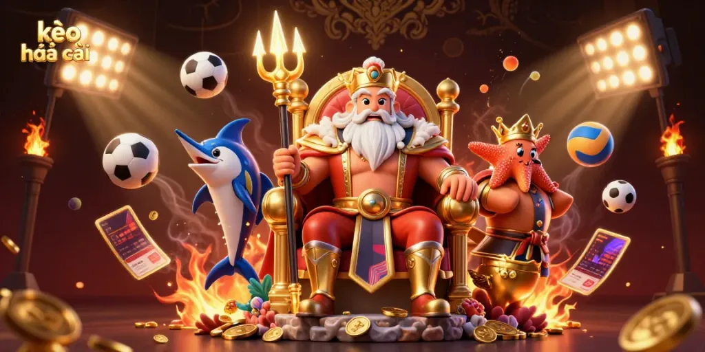 Engage in kèo nhà cái with vibrant 3D sports elements and characters in an energetic casino scene.