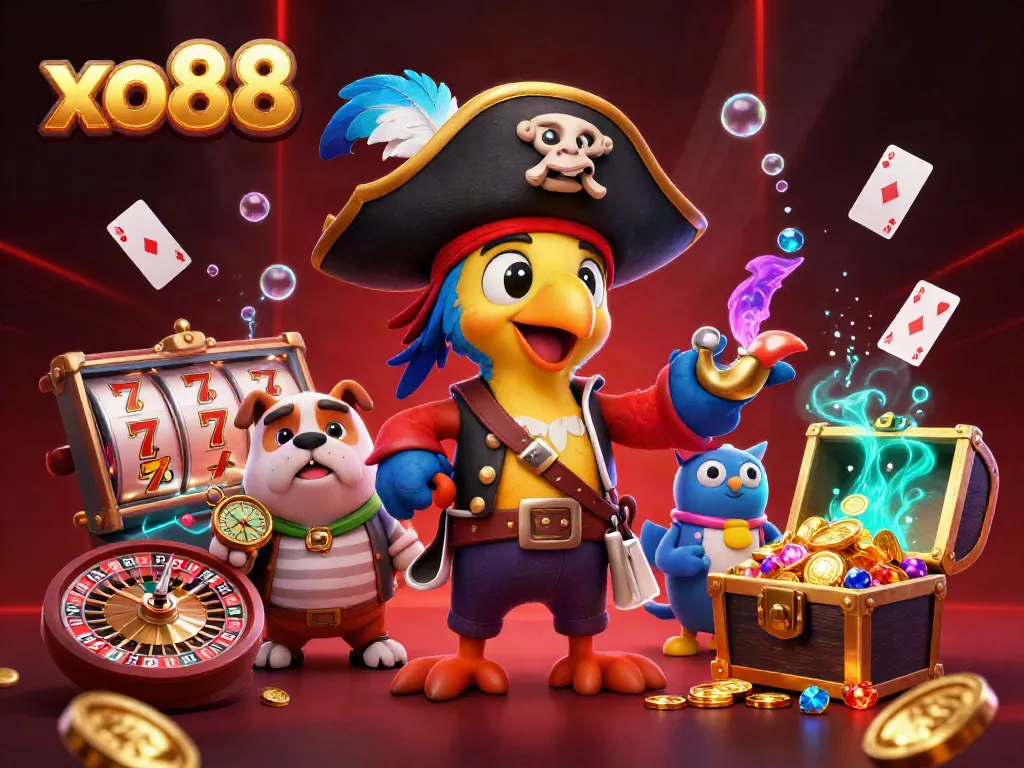 Experience the excitement of gambling at xo88 with a pirate-themed illustration showcasing vibrant casino elements.